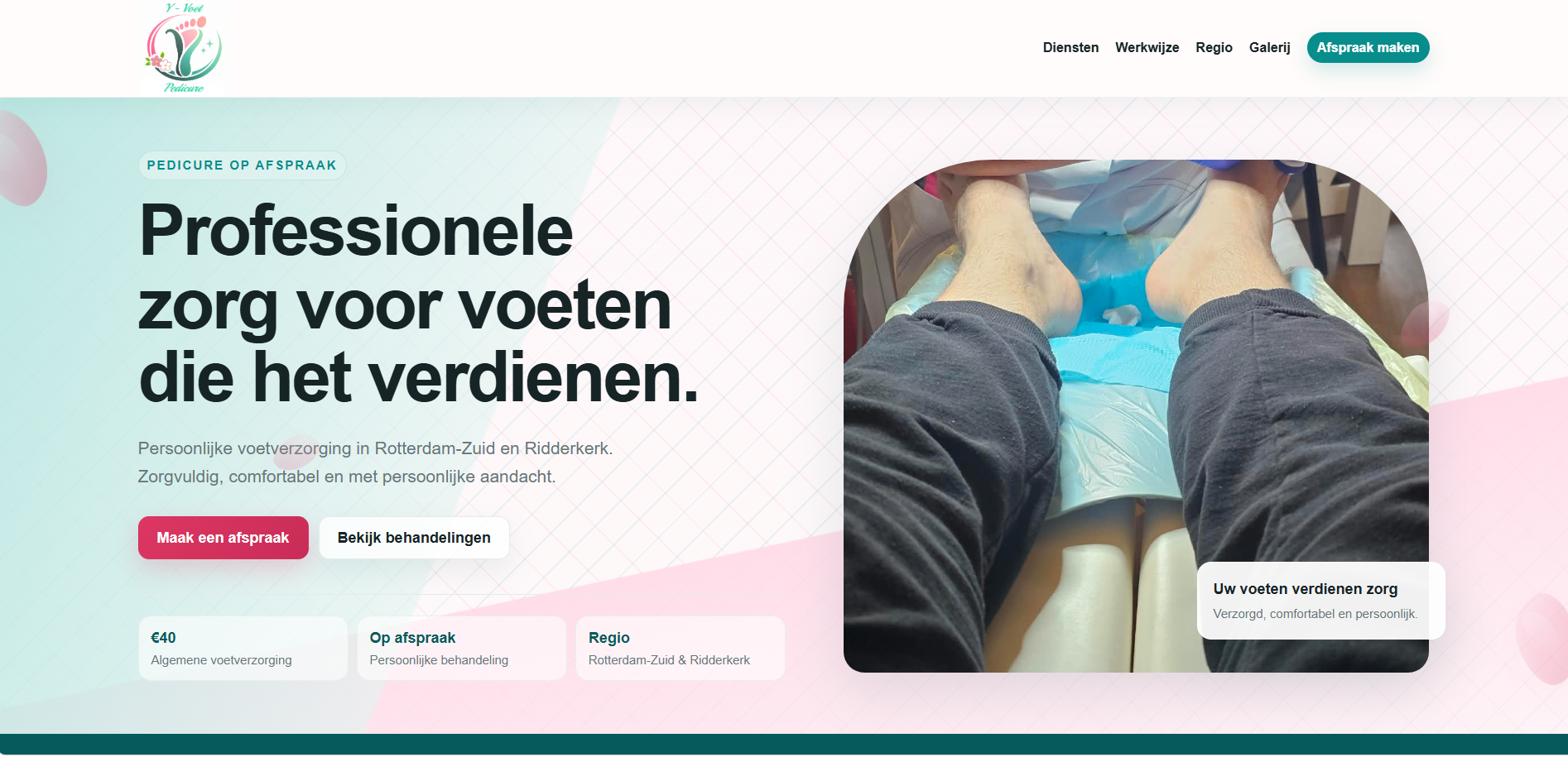 Homepage van Y-Voet Pedicure, ontworpen door Veltrio